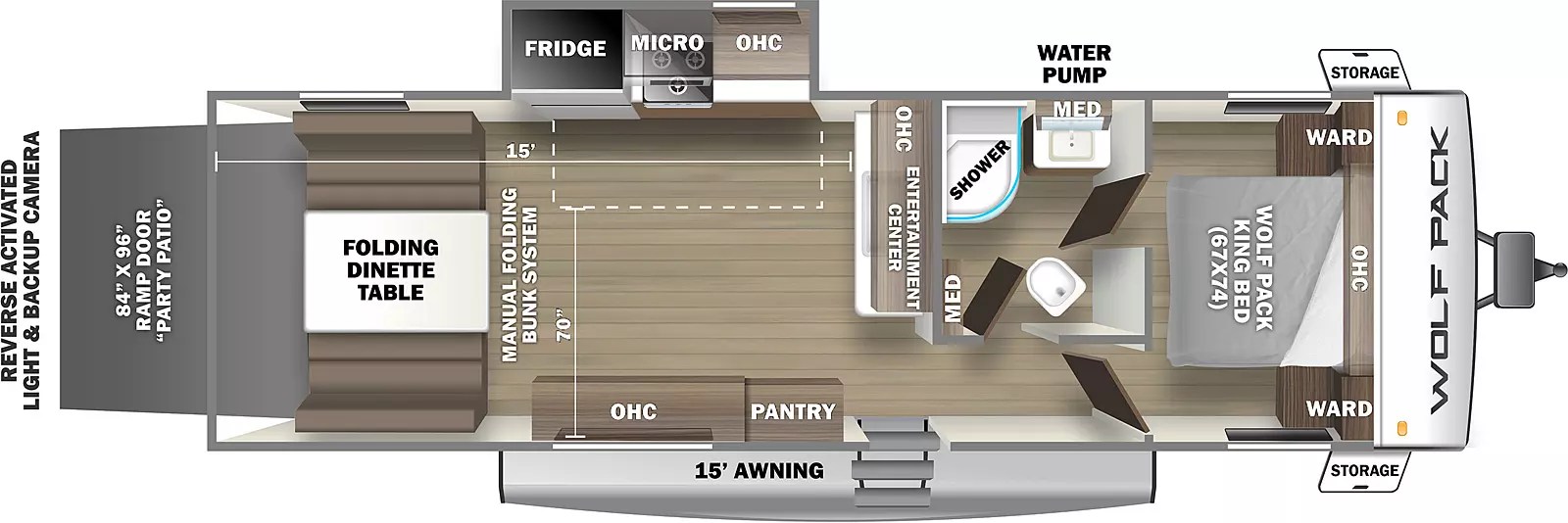 The 23GOLD15 has one slide out on the off-door side and one entry door. Exterior features include a ramp door/ party patio, door side 15 foot awning and storage. Interior layout from front to back: front bedroom with foot facing Wolf Pack 67 by 74 king bed; side aisle pass through bathroom; kitchen dining living cargo area with off-door side slide out containing a refrigerator, overhead microwave, cook top stove, kitchen sink and overhead cabinet; door side pantry and overhead cabinet; folding dinette table with manual folding bunk system in the rear. Cargo dimensions are: 15 feet from the rear of the travel trailer to the wall and 70 inches from the closed slide out to the door side wall.