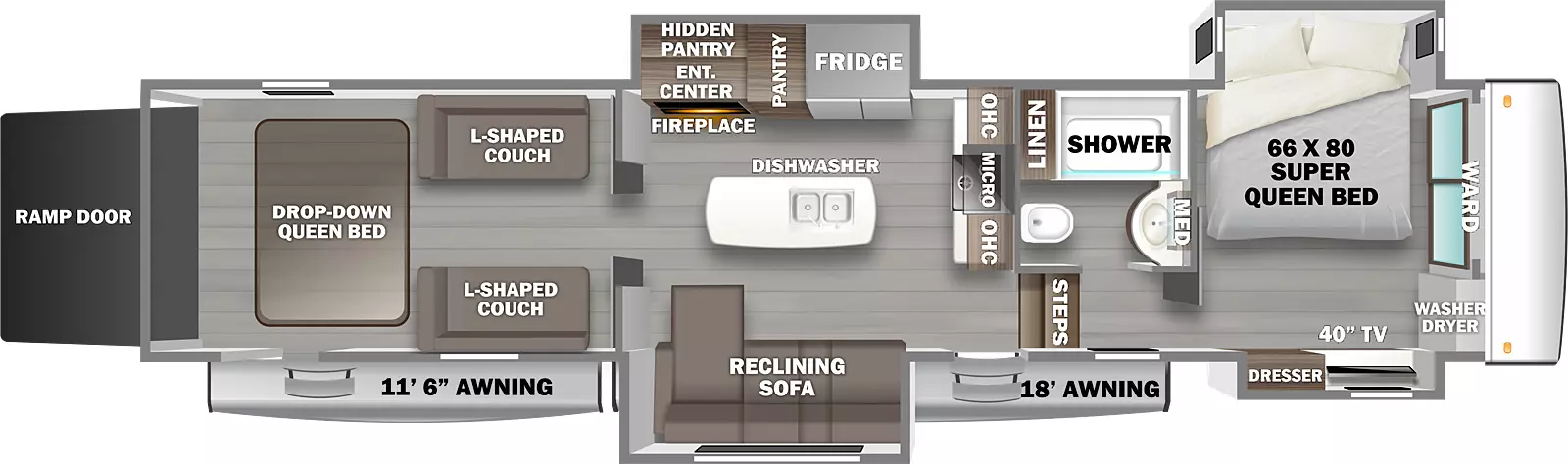 The 4514BATH has four slideouts and two entries. Exterior features include a rear ramp door, and 11 foot 6 inch and 18 foot awnings. Interior layout front to back: wardrobe with washer/dryer prep, off-door side king bed slideout, and door side slideout with dresser and TV; off-door side aisle full bathroom with linen cabinet and medicine cabinet; steps down to main entry; microwave and overhead cabinets along inner wall; off-door side slideout with refrigerator, pantry, and entertainment center with fireplace below and additional hidden pantry behind; kitchen island with sink; door side slideout with chaise sofa with console and recliner; rear garage area with second entry door, Happijack u-shaped dinette, and drop-down queen bed.