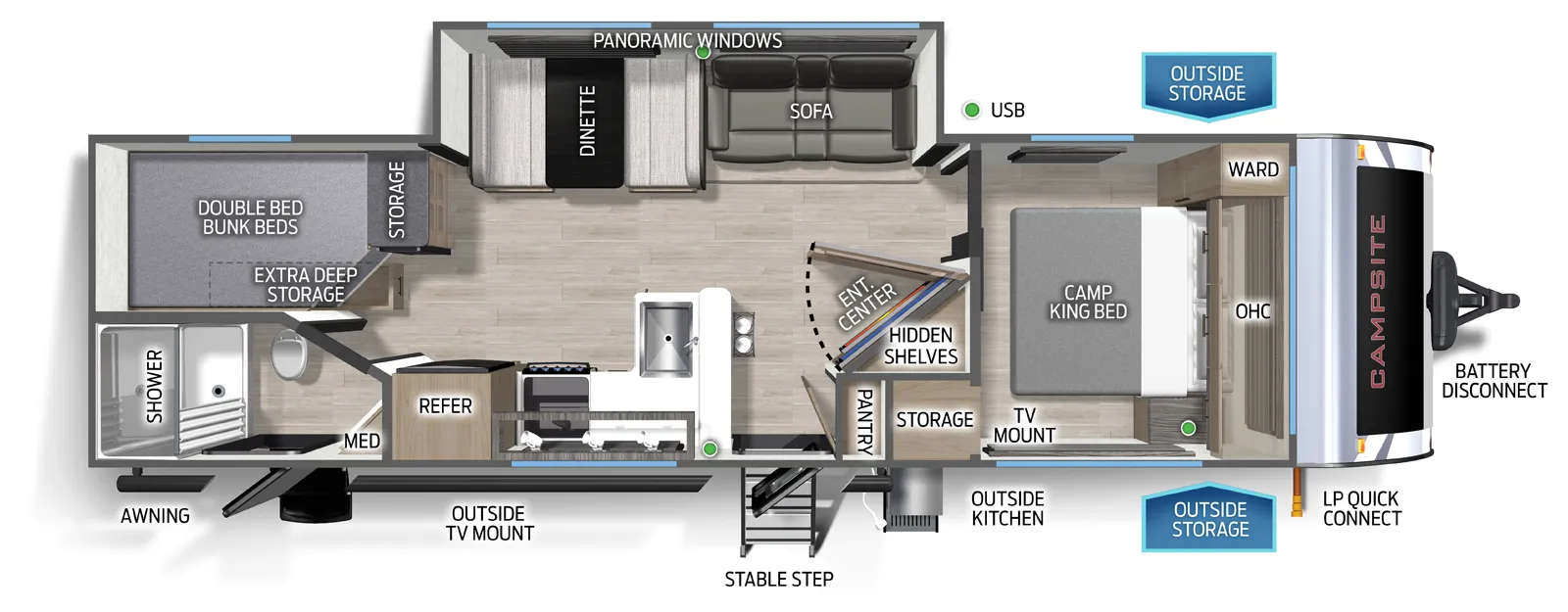 The Campsite Ultra 26CJL floorplan has two entries and one slide out. Exterior features include: fiberglass exterior, 18' awning and outside kitchen. Interiors features include: bunk beds and front bedroom.