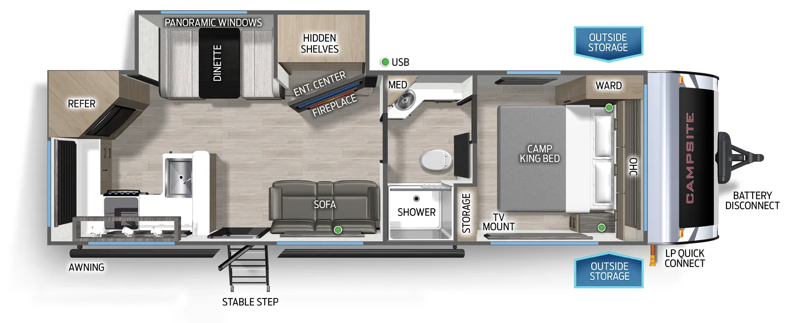 The Campsite Ultra 26TH floorplan has one entry and one slide out. Exterior features include: fiberglass exterior. Interiors features include: rear kitchen, front bedroom and pass through bathroom.