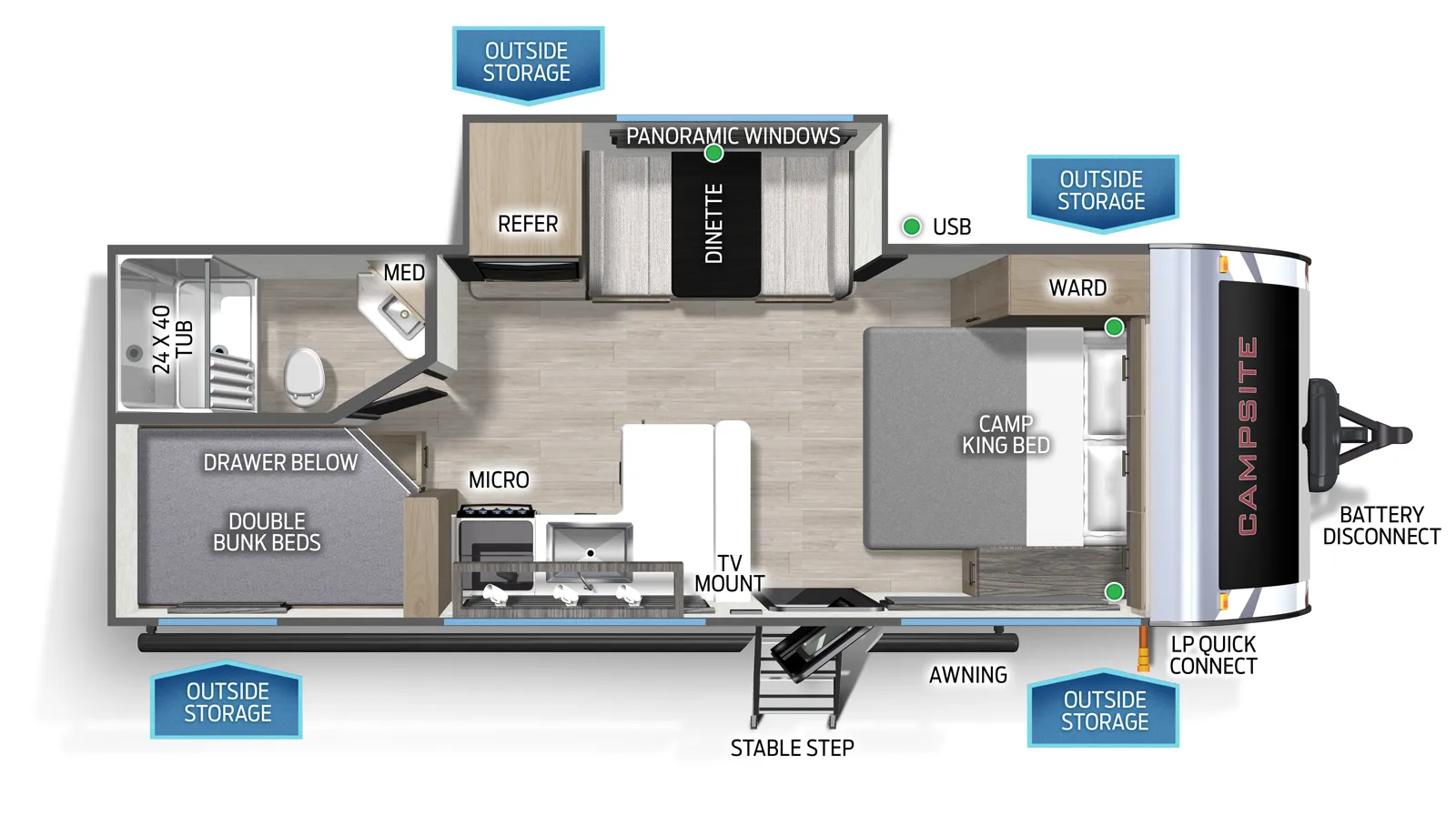 The Campsite Ultra 21DF floorplan has one entry and one slide out. Exterior features include: fiberglass exterior. Interiors features include: bunk beds and front bedroom.